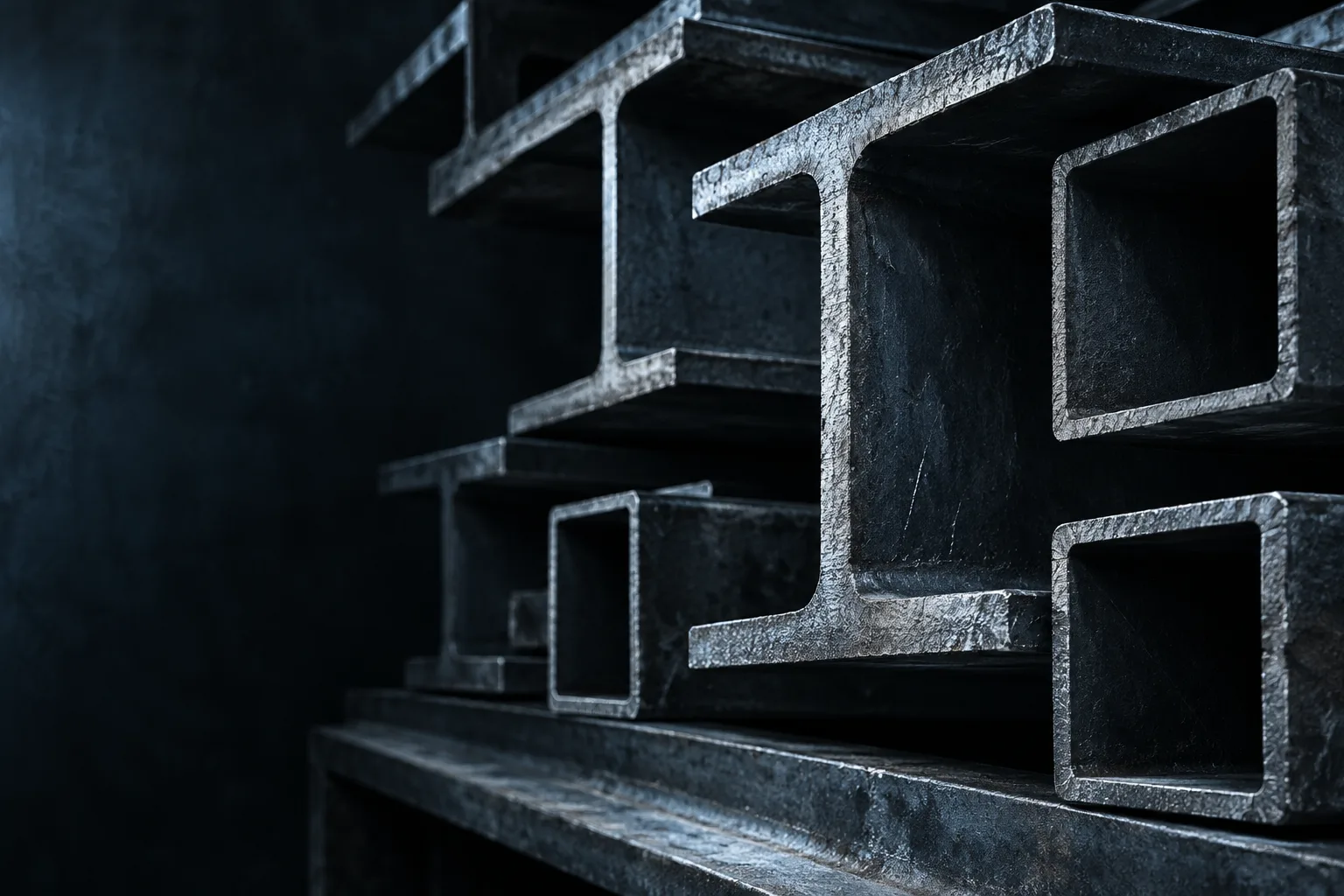 Abstract study of raw steel profiles; illustrative artwork, not a DSM project.
